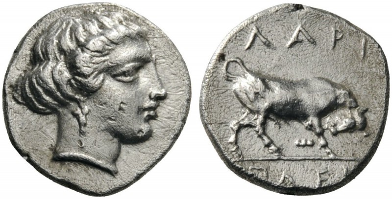 GREEK COINS 
 THESSALY 
 Larissa. Circa 375 BC. Trihemiobol (?) (Silver, 10mm,...