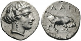 GREEK COINS 
 THESSALY 
 Larissa. Circa 375 BC. Trihemiobol (?) (Silver, 10mm, 1.15 g 4), Plei..... Head of the nymph Larissa to right, her hair rol...