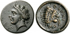 GREEK COINS 
 THESSALY 
 Pherai. Early to mid 4th century BC. Chalkous (Bronze, 13mm, 2.24 g 6). Head of Ennodia to left, wearing earring in the for...