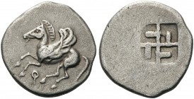 GREEK COINS 
 CORINTHIA 
 Corinth. Circa 550-500 BC. Drachm (Silver, 15mm, 2.72 g). ? Pegasos flying left with curved wing. Rev. Quadripartite incus...