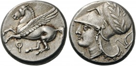 GREEK COINS 
 CORINTHIA 
 Corinth. Circa 375-300 BC. Stater (Silver, 19mm, 8.61 g 6), Ar... ? Pegasos flying left with straight wings. Rev. Α Ρ Head...