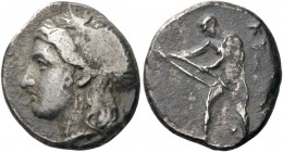GREEK COINS 
 CRETE 
 Kydonia. Circa 320-270 BC. Stater (Silver, 20mm, 11.60 g 7). Head of a maenad to left, wearing a vine wreath. Rev. ΚΥ[ΔΩΝ] The...