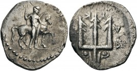 GREEK COINS 
 CRETE 
 Rhaukos. Circa 330-270 BC. Stater (Silver, 26mm, 11.36 g 12). Poseidon, nude but for his wreath, standing right, holding a tri...