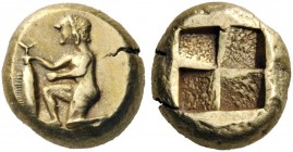 GREEK COINS 
 KINGS of PONTOS 
 Kyzikos. Hekte (Electrum, 10mm, 2.68 g). Nude male figure kneeling to left, holding a tunny by the tail with his rig...