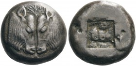 GREEK COINS 
 LESBOS 
 Unattributed early mint. Circa 500-450 BC. Stater (Billon, 18mm, 11.29 g). Two calf’s heads confronted, forming a single faci...