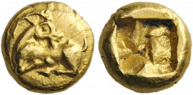 GREEK COINS 
 IONIA 
 Uncertain. Circa 600-550 BC. Hekte (Electrum, 10mm, 2.78 g), Phocaean standard. Ibex, or goat, kneeling to left, his head turn...