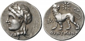 GREEK COINS 
 IONIA 
 Miletos. Circa 340-325 BC. Drachm (Silver, 16mm, 3.51 g 12). Laureate head of Apollo to left. Rev. ΟΡΝΥΜΕΝΟ[Σ] Lion standing l...