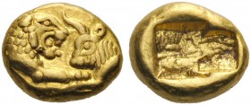 GREEK COINS 
 KINGS of LYDIA 
 Kroisos, circa 560-546 BC. Light Hekte or one-sixth stater (Gold, 5x7mm, 1.35 g), Sardes. On the left, forepart of li...