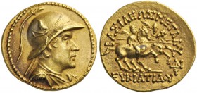 GREEK COINS 
 BAKTRIA 
 Greco-Baktrian Kingdom. Eukratides I, circa 170-145 BC. Stater (Gold, 20mm, 8.46 g 12), c. later 160s. Diademed and draped b...