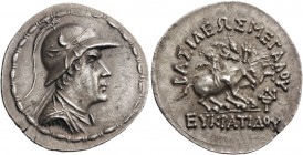 GREEK COINS 
 BAKTRIA 
 Greco-Baktrian Kingdom. Tetradrachm (Silver, 35mm, 16.95 g 12), circa later 160s. Dia­demed and draped bust of Eukratides to...