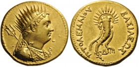 GREEK COINS 
 PTOLEMAIC KINGS of EGYPT 
 Ptolemy IV Philopator, 225-205 BC. Octodrachm (Gold, 26mm, 27.80 g 12), with a portrait of his father, Ptol...
