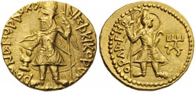 GREEK COINS 
 INDIA 
 Kushan Empire. Dinar (Gold, 20mm, 7.98 g 12), Mint I (A). Kanishka, diademed and crowned, standing facing, his head turned to ...