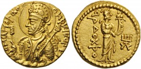 GREEK COINS 
 INDIA 
 Kushan Empire. Dinar (Gold, 20mm, 7.97 g 12), Mint I (A). Nimbate, diademed, and crowned half-length bust of Huvishka to left,...