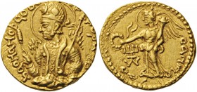 GREEK COINS 
 INDIA 
 Kushan Empire. Dinar (Gold, 21mm, 7.96 g 12), Mint I (A). Nimbate, diademed, and crowned half-length bust of Huvishka to left,...