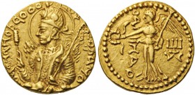 GREEK COINS 
 INDIA 
 Kushan Empire. Dinar (Gold, 21mm, 7.94 g 12), Mint I (A). Nimbate, diademed, and crowned half-length bust of Huvishka to left,...