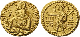 GREEK COINS 
 INDIA 
 Kushan Empire. Dinar (Gold, 20mm, 7.97 g 12), Mint II (B). Nimbate, diademed, and crowned half-length bust of Huvishka to left...