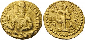 GREEK COINS 
 INDIA 
 Kushan Empire. Dinar (Gold, 21mm, 8.04 g 12), Mint II (B). Nimbate, diademed, and crowned half-length bust of Huvishka to left...