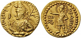 GREEK COINS 
 INDIA 
 Kushan Empire. Dinar (Gold, 21mm, 8.01 g 12), Mint II (B). Nimbate, diademed, and crowned half-length bust of Huvishka to left...