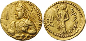 GREEK COINS 
 INDIA 
 Kushan Empire. Dinar (Gold, 21mm, 7.90 g 12), Mint II (B). Nimbate, diademed, and crowned half-length bust of Huvishka to left...