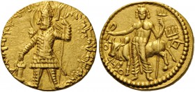 GREEK COINS 
 INDIA 
 Kushan Empire. Vasudeva I, c. 190-230. Dinar (Gold, 20mm, 7.97 g 12), main mint in Baktria (Balkh?). Vasudeva standing left, h...