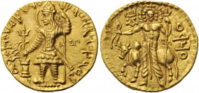 GREEK COINS 
 INDIA 
 Kushan Empire. Vasudeva II, c. 290-310. Dinar (Gold, 22mm, 8.03 g 12). Vasudeva, nimbate, standing facing, head turned left, f...