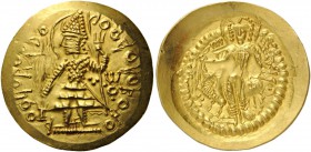 GREEK COINS 
 INDIA 
 Kushan Empire. Dinar (Gold, 28mm, 8.00 g 12), Mint III (C). Vasudeva, diademed and crowned, standing facing, head left, flames...