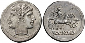ROMAN AND BYZANTINE COINS 
 Anonymous, Quadrigatus (Silver, 23mm, 6.51 g 7), Rome, c. 225-214/212. Laureate janiform head of the Dioscouri. Rev. Jupi...