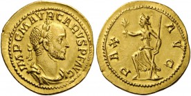 ROMAN AND BYZANTINE COINS 
 Carus, 282-283. Aureus (Gold, 20mm, 4.76 g 6), Lugdunum, 282. IMP C M AVR CARVS P F AVG Laureate, draped and cuirassed bu...