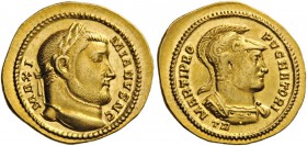 ROMAN AND BYZANTINE COINS 
 Galerius, as Caesar, 293-305. Aureus (Gold, 21mm, 5.13 g 6), Treveri, 302-305. MAXI - MIANVS N C Laureate head of Galeriu...