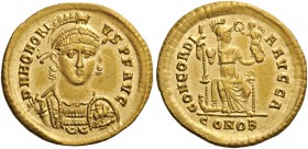 ROMAN AND BYZANTINE COINS 
 Honorius, 393-423. Solidus (Gold, 20mm, 4.52 g 6), Constantinople, 397-402. D N HONORI - VS P F AVG Helmeted, diademed an...
