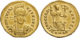 ROMAN AND BYZANTINE COINS 
 Honorius, 393-423. Solidus (Gold, 20mm, 4.41 g 6), Constantinople, 397-402. D N HONORI - VS P F AVG Helmeted, diademed an...