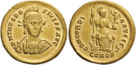 ROMAN AND BYZANTINE COINS 
 Theodosius II, 402-450. Solidus (Gold, 20mm, 4.51 g 6), small bust type, Constantinople, 402 - c. 403. D N THEODO - SIVS ...