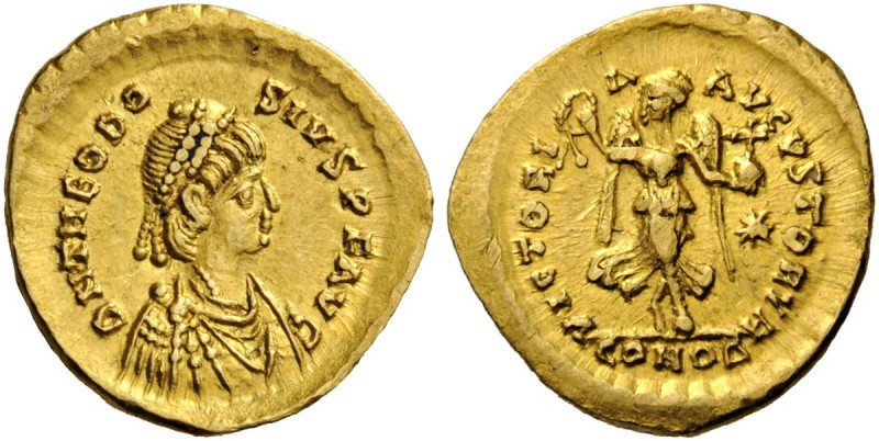 ROMAN AND BYZANTINE COINS 
 Theodosius II, 402-450. Tremissis (Gold, 13mm, 1.41...