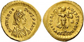 ROMAN AND BYZANTINE COINS 
 Theodosius II, 402-450. Tremissis (Gold, 13mm, 1.41 g 12), Constan­tinople, 408-420. D N THEODOSIVS P F AVG Pearl-diademe...