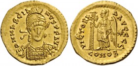 ROMAN AND BYZANTINE COINS 
 Marcian, 450-457. Solidus (Gold, 20mm, 4.48 g 6), Constantinople, sixth officina. D N MARCIANVS P F AVG Helmeted, diademe...