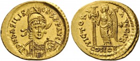 ROMAN AND BYZANTINE COINS 
 Basiliscus, 475-476. Solidus (Gold, 22mm, 4.52 g 12), Constantinople, early-mid 475. D N bASILISCUS P P AVG Diademed, hel...