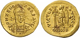 ROMAN AND BYZANTINE COINS 
 Zeno, second reign, 476-491. Solidus (Gold, 21mm, 4.47 g 6), Constantinople, third issue. D N ZENO PERP AVG Helmeted, dia...