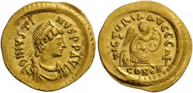 ROMAN AND BYZANTINE COINS 
 Justin I, 518-527. Semissis (Gold, 18mm, 2.22 g 6), Constantinople. DN IVSTINVS PP AVC Diademed, draped and cuirassed bus...