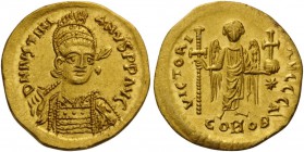 ROMAN AND BYZANTINE COINS 
 Justinian I, 527-565. Solidus (Gold, 20mm, 4.45 g 6), Constantinople, 527-537. DN IVSTINIANVS PP AVI Helmeted, diademed a...
