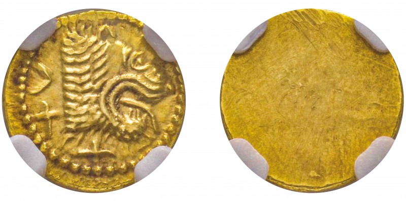 Populonia, 450-350 avant J.-C. 
25 litrae d’or, AU 1.39 g. 
Avers : Tête de li...