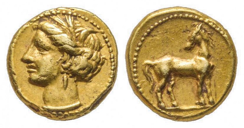 Carthage, 340-320 avant J.-C.
1/5 de statère d’or, AU 1.49 g.
Ref : Sear 6454 ...