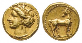 Carthage, 340-320 avant J.-C.
1/5 de statère d’or, AU 1.49 g.
Ref : Sear 6454 Conservation : TTB+. Rare