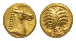 Carthage, 340-320 avant J.-C. 
1/10 de statère d’or, AU 0.94 g.
Ref : Sear 6455 Conservation : Superbe. Rare