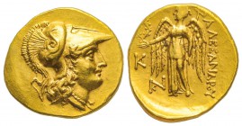 Alexandre III le Grand 336-323 avant J.-C.
Statère d’or, posthume, Callatis, 250-225 avant J.C. AU 6.75 g.
Avers : Tête d’Athéna portant un casque c...