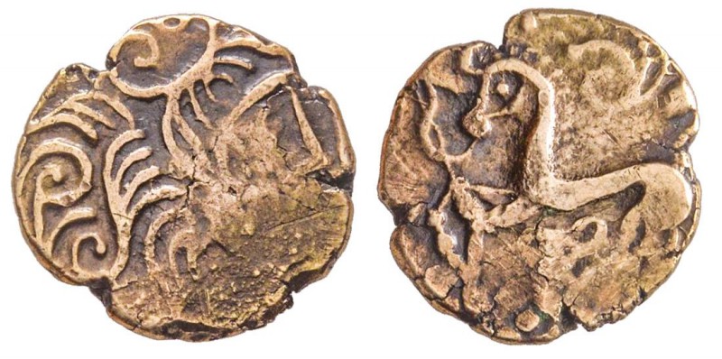 Parisii Quart de statère d’or, IIe siècle avant J.-C., AU (or pâle) 1.82 g.
Ave...