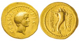 Civil wars, Octavian avec L. Mussidius Longus Aureus, 42 avant J.-C., AU 8.13 g.
Avers : C CAESAR III VIR R P C Tête nue à droite. 
Revers : L MVSSI...