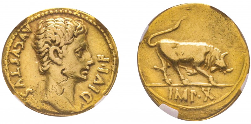 Augustus 27 avant J.-C. - 14 après J.-C.
Aureus, Lugdunum (Lyon), 14-12 avant J...