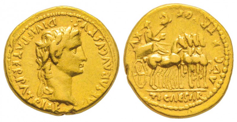 Aureus, Lugdunum (Lyon), 2 avant J.-C.-14 après J.C., AU 7.77 g.
Avers : CAESAR...