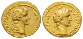 Tiberius 14-37 après J.-C.
Aureus, Gaule, Lugdunum (Lyon), 14 après J.-C., AU 7.68 g.
Avers : TI CAESAR DIVI AVG F AVGVSTVS Tête laurée de Divus Aug...