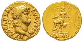 Nero 54-68 
Aureus, Rome, 66-68, AU 7.43 g.
Avers : NERO CAESAR AVGVSTVS Tête laurée à droite 
Revers : SALVS Salus avec patera sur le trône
Ref :...